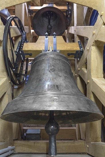 Bell tower with steeple bells in the tower of the Beerbach church