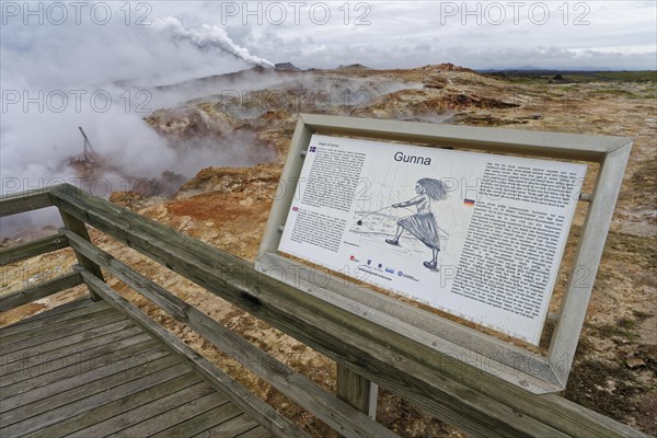 Viewing platform with information board in geothermal area Gunnuhver