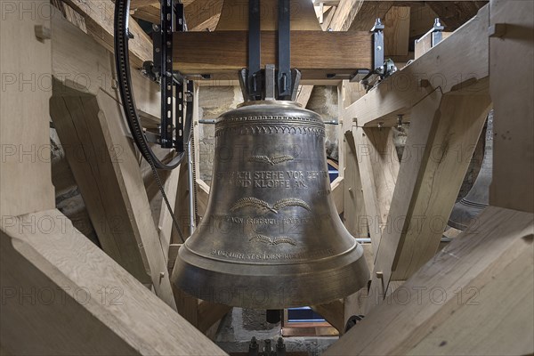 Bell tower with steeple bell in the tower of the Beerbach church