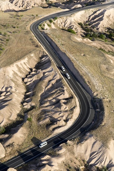 Street view from hot air balloon flying over Cappadocia