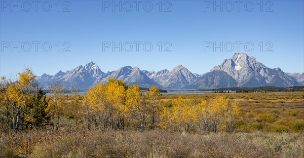 Mountain panorama with Mount Moran and Grand Teton peaks