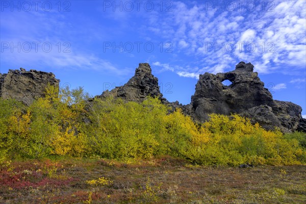 Dimmuborgir lava formation with autumn-coloured birch vegetation