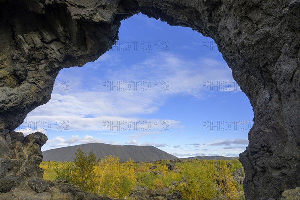 Lavator with tuff ring Hverfjall and autumn coloured birch vegetation