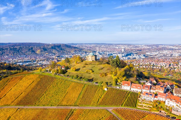 Grave chapel on the Wuerttemberg Rotenberg vineyards aerial view in autumn city trip in Stuttgart