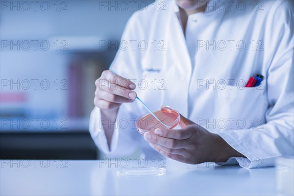 Lab technician with sample in petri dish working in a lab with lab equipment