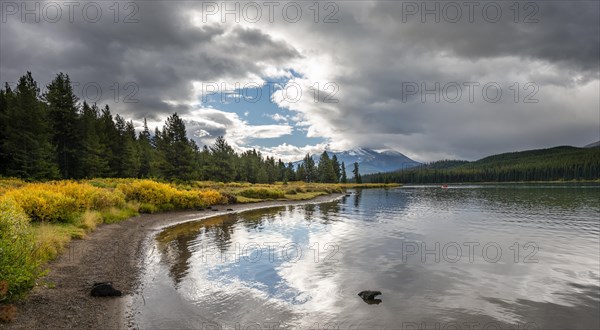 Lake shore of Maligne Lake with autumn vegetation