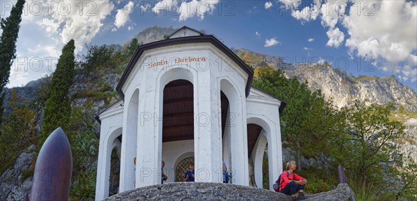 Chapel and viewpoint Santa Babara with hiker