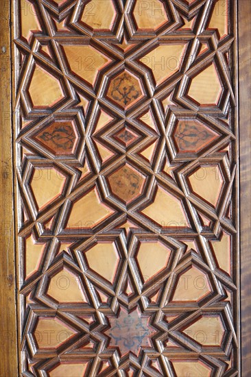 Macro view of a wooden shutter in the Rustem Pasa Mosque