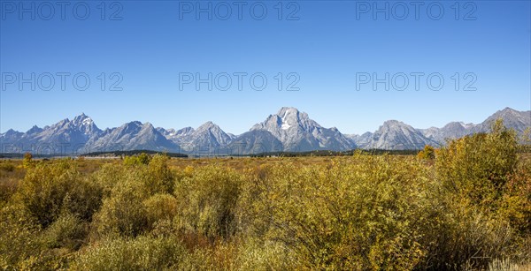 Mountain panorama with Mount Moran and Grand Teton peaks