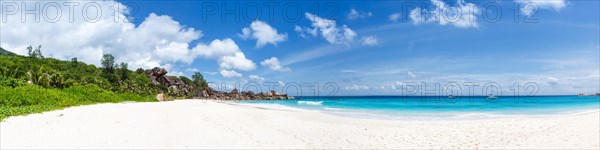 Grand Anse Beach on La Digue Island Panorama Sea Holiday Vacation Travel in the Seychelles