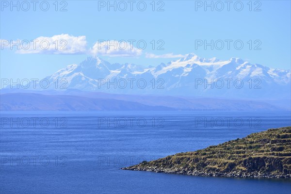 View across the lake to the Cordillera Real mountain range