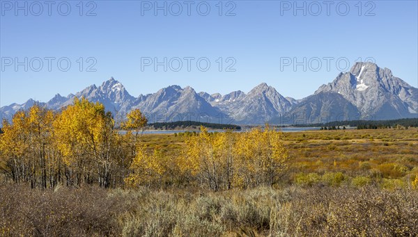 Mountain panorama with Mount Moran and Grand Teton peaks