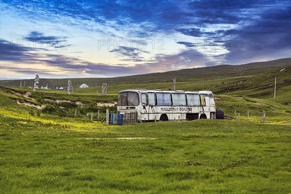 Discarded bus in a meadow