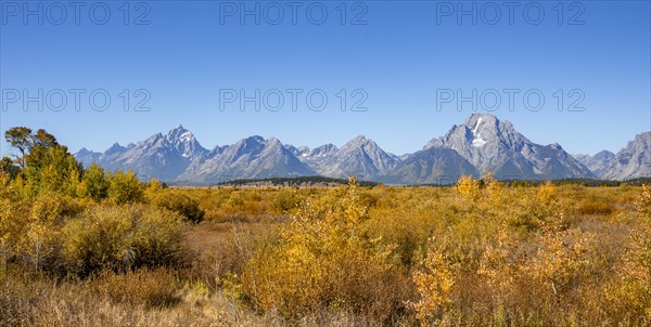 Mountain panorama with Mount Moran and Grand Teton peaks