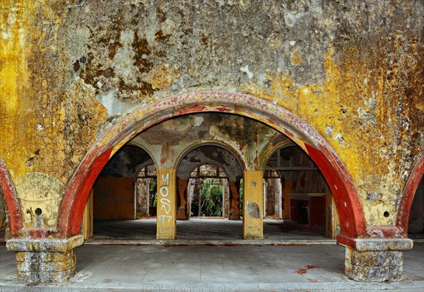 Dilapidated arcade building