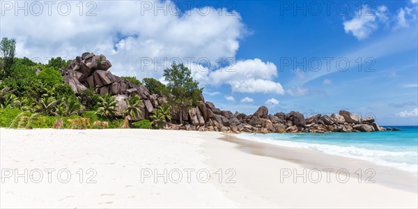 Grand Anse Beach on La Digue Island Panorama Sea Holiday Vacation Travel in the Seychelles