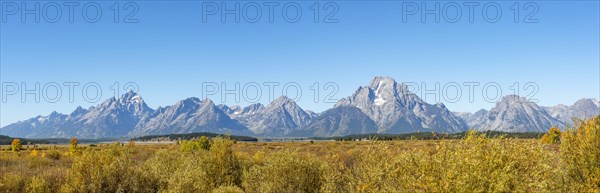 Mountain panorama with Mount Moran and Grand Teton peaks