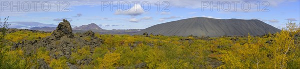 Tuff ring Hverfjall and lava formation of Dimmuborgir with autumn coloured birch vegetation