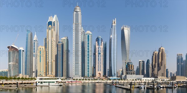 Dubai Marina and Harbour Skyline Architecture Vacation in Arabia Water Reflection Panorama in Dubai