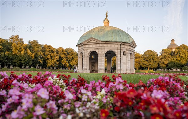 Blooming red flowers in the Hofgarten with the Diana Temple