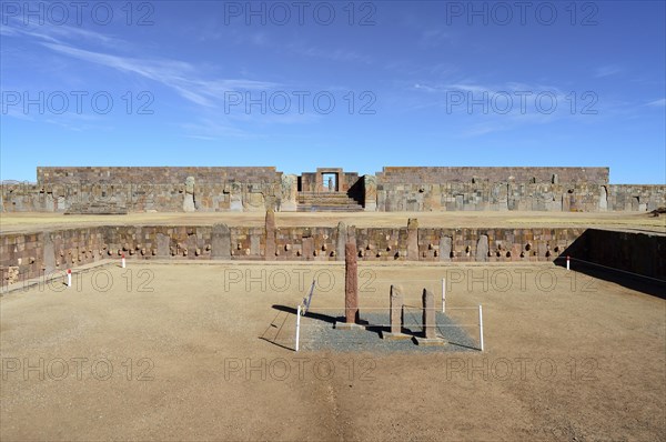 Sunken courtyard with head reliefs overlooking Kalasasaya with Ponce monolith