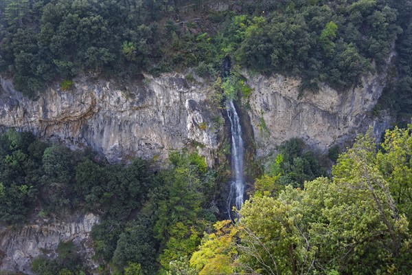 Cascata del Ponale waterfall near the Ristorante Ponale Alto Belvedere on the old coastal road and hiking trail Via Ponale