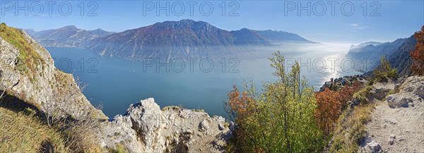 View from the western shore of Lake Garda with the mountain range Monte Baldo