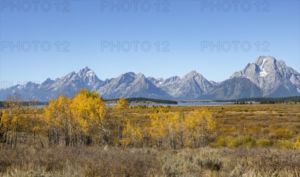 Mountain panorama with Mount Moran and Grand Teton peaks