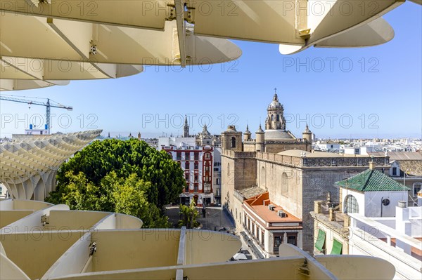 View of old Anunciation Church taken from Setas de Sevilla landmark in Seville