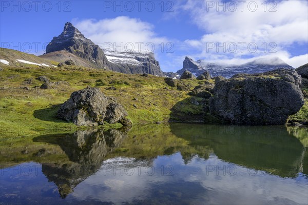 Mountains Sula Stoepull and Tindfell reflected in a lake