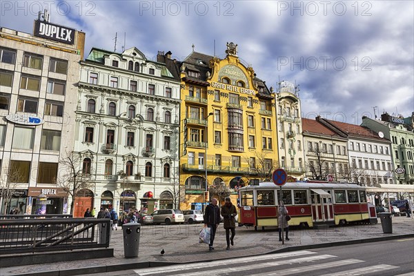 Wenceslas Square with Grand Hotel Europa and Tram Cafe