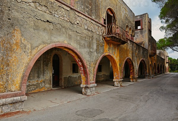 Dilapidated arcade building