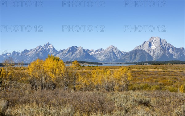 Mountain panorama with Mount Moran and Grand Teton peaks