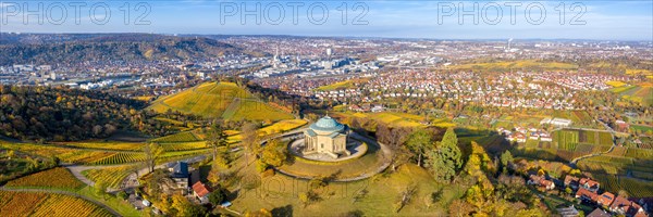 Grave chapel on the Wuerttemberg Rotenberg vineyards aerial view panorama in autumn city trip in Stuttgart