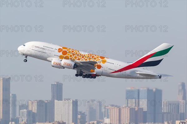 An Emirates Airbus A380-800 with registration A6-EOV and Expo 2020 special livery takes off from Dubai Airport