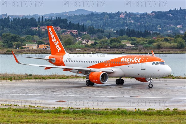 An EasyJet Airbus A320 aircraft with registration G-EZRX at Corfu Airport