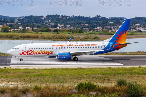 A Jet2 Boeing 737-800 with registration G-JZBO at Corfu Airport