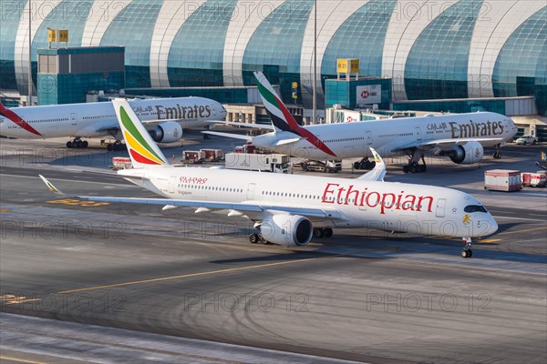 An Ethiopian Airlines Airbus A350-900 with registration number ET-AYB at Dubai Airport