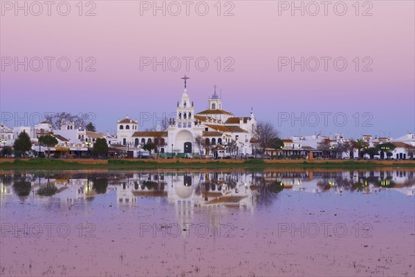 El Rocio village and hermitage at sunset