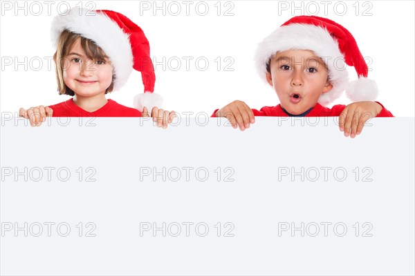 Children Girl Boy Santa Claus Christmas Sign Text Free Space Copyspace Isolated
