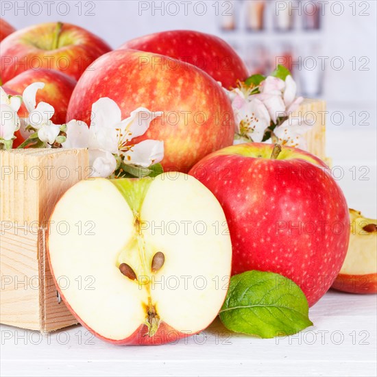 Apples Fruits red apple fruit in box with flowers square