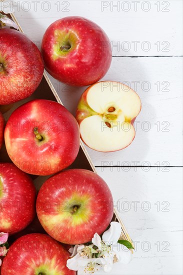 Apples Fruits red apple fruit with blossoms and leaves on wooden board from above with text free space Copyspace