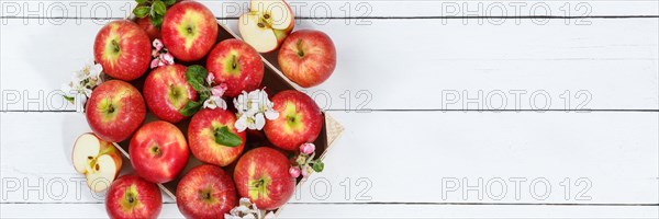 Apples Fruits red apple fruit with blossoms and leaves on wooden board from above with text free space Copyspace Panorama