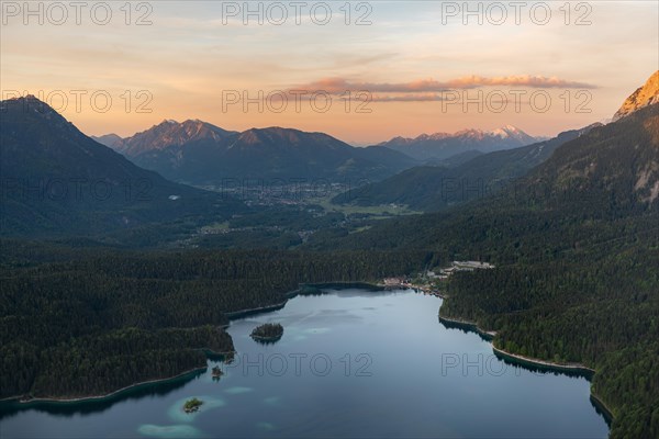 View over the Eibsee lake at sunset