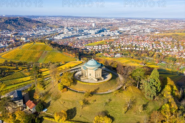 Grave chapel on the Wuerttemberg Rotenberg vineyards aerial view in autumn city trip in Stuttgart