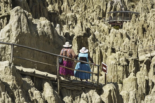 Indigenous woman in traditional dress admire the bizarre rock formations in the Valle de la Luna