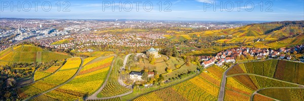 Grave chapel on the Wuerttemberg Rotenberg vineyards aerial view panorama in autumn city trip in Stuttgart