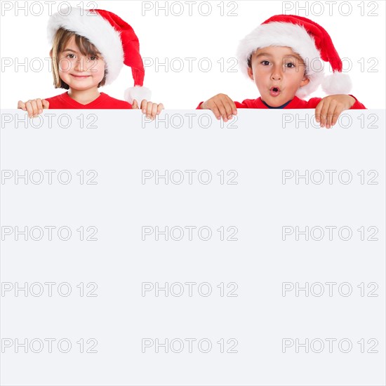 Children Girl Boy Santa Claus Christmas Square Sign Text Free Space Copyspace Isolated