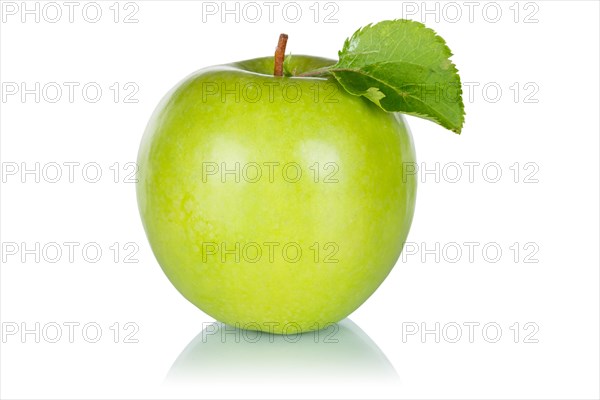 Green apple green fruit with leaf cropped on white background