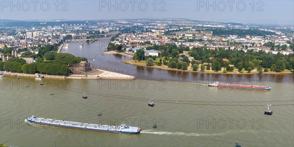German Corner River Rhine Moselle with ships and cable car panorama in Koblenz